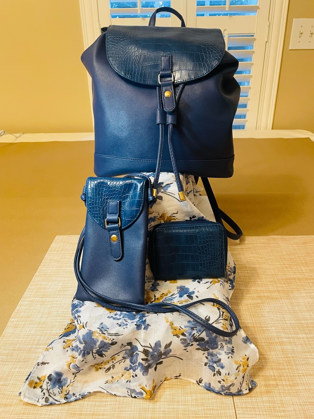 Blue Backpack Purse Set Vegan Leather Phone Crossbody Wallet Scarf Giftable